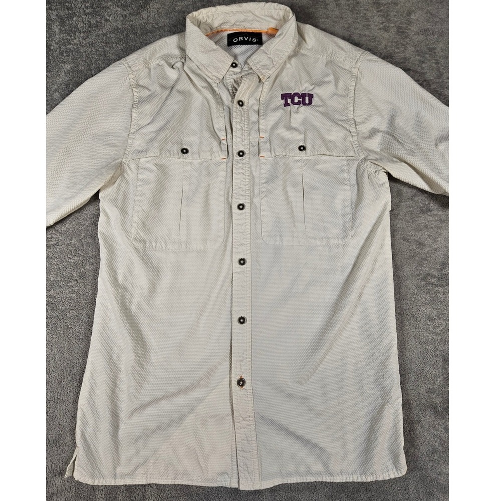 Orvis TCU Horned Frogs Fishing Shirt Mens Small Tan Seersucker Short Sleeve Vent